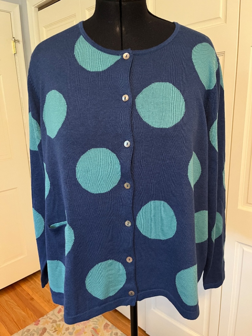 NWT! Gudrun Sjödén Ina Large Polka Dot Blue Light Blue Teal Cardigan Cotton XXL